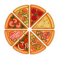 Top view of a pizza with various ingredients. A whole pizza with mushrooms, tomatoes, onions, peppers and cheese. Italian pizza. Vector illustration in cartoon style