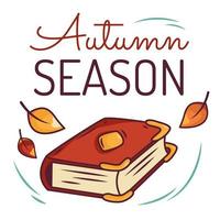 Vector autumn greeting card with knitted sweater, falling leaves and handwritten text. A bright background for the autumn season. Cute poster with autumn inscriptions.