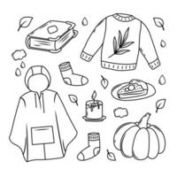 Vector set of autumn icons sweater, falling leaves, cozy food, candles, book, raincoat and pumpkin. Collection of autumn pictures for coloring. Bright background for harvesting. Autumn greeting card