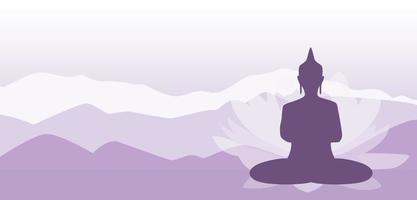 The silhouette of a Buddha meditating in the mountains. Vector illustration