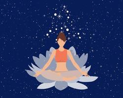 The concept of meditation and the unity of the world. Beautiful woman yoga in lotus pose on lotus flower on the background of the universe. Vector illustration.