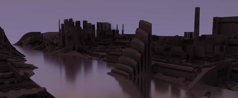 Abandoned futuristic city with river background. An empty techno metropolis with 3d render of water channel flowing through center at purple sunset. Abandoned colony on planet after apocalypse photo