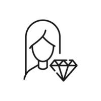 Profession, occupation, hobby of woman. Outline sign drawn with black thin line. Editable stroke. Vector monochrome line icon of diamond or gem by female
