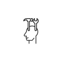 Hobbies, thought and ideas concept. Vector sign drawn in flat style. Editable stroke. Line icon of hammer and screwdriver over head of man
