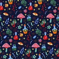 Vector seamless pattern on a magical theme with mushrooms, herbs and witch spells. Halloween background