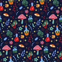 Vector seamless pattern on a magical theme with mushrooms, herbs and witch spells. Halloween background