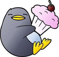 cartoon penguin with cupcake vector