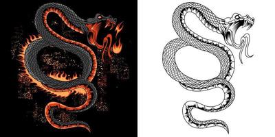 Snake with fire. Colorful hand drawn vector illustration of snake