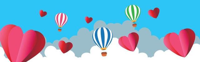 Valentine s Day modern border frame design for Website, greeting or Sale banner, flyer, poster in paper cut style with cute flying Origami Hearts over clouds with air balloons isolated vector