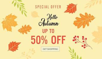 Autumn Sale background, banner, poster or flyer design. Vector illustration with bright beautiful leaves frame and text fall for it 50  off. Template for advertising, web, social and fashion ads