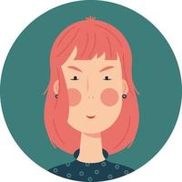 Cute avatar for one sad or resentment ginger hair young woman. Vector illustration in pastel colour.