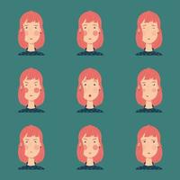 Avatars for social networks for one beautiful red-haired young woman. Nine different emotions for the daily change of avatars in mood. vector