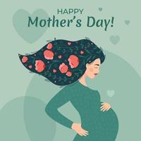 Mother's day celebration card. Beautiful young pregnant woman with flowers in her hair. vector