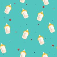 A lot of baby bottles, colorful seamless pattern, hand drawn icons. Background with baby foods. Decorative wallpaper, good for printing vector