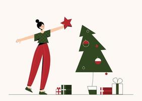 mujer joven pintada en un árbol de navidad de decoración de color de moda. vector