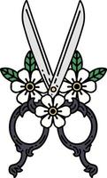 traditional tattoo of a barber scissors and flowers vector