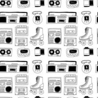 90's party vector seamless pattern. Doodle cassette player, boombox, roller skate, cassette, pager isolated on white background.