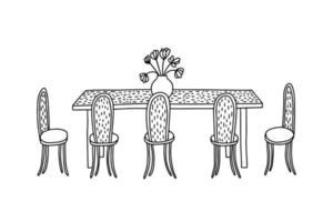 mesa de comedor y sillas doodle ilustración. acogedora cocina interior ilustración vector