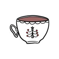 Ceramic cup with Christmas tree ornament. Traditional drink crockery. Hand drawn doodle style vector illustration isolated on white.