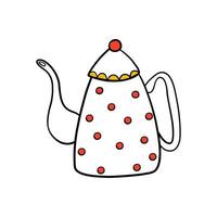 Ceramic teapot with polka dot ornament. Traditional drink crockery. Hand drawn doodle style vector illustration isolated on white.