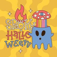 Spooky Halloween - Modern 70s Retro Halloween card design with lettering for poster, greeting card. Ghost with an explosion in head in form of a rainbow psychedelic mushroom. Vector illustration.