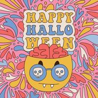 60s and 70s retro style halloween card. Hippie Rainbow splashes background with Emoji with brains sticking out. Ready greeting card for 31th October. Graphic template tee print. Vector illustration