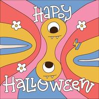 Happy Halloween 70s retro style card. Smiling emoji monster face on rainbow background. Retro distorted melting smiley. Smile melt character. Vector hand drawn illustration with lettering.