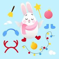 Cute white bunny with a set of Christmas decorations vector