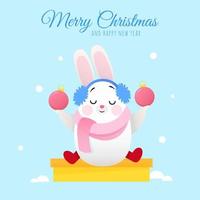 A cute white bunny sits on a box and holds New Year's decorations for the Christmas tree in its paws. vector