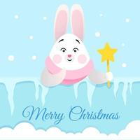 Cute white bunny with a magic wand in the paw on the background of icicles vector