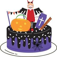 Halloween cupcakes. Cute kids in pumpkin, cat, vampire, witch hat, bat, skeleton and black cat costumes. vector