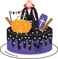 pastelitos de halloween. niños lindos con disfraces de calabaza, gato, vampiro, sombrero de bruja, murciélago, esqueleto y gato negro. vector