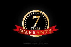 7 years golden warranty logo with ring and red ribbon isolated on black background, vector design for product warranty, service, corporate, and your business.