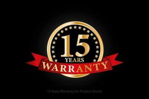 15 years golden warranty logo with ring and red ribbon isolated on black background, vector design for product warranty, guarantee, service, corporate, and your business.