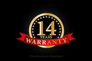 14 years golden warranty logo with ring and red ribbon isolated on black background, vector design for product warranty, guarantee, service, corporate, and your business.