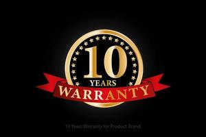 10 years golden warranty logo with ring and red ribbon isolated on black background, vector design for product warranty, guarantee, service, corporate, and your business.