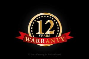 12 years golden warranty logo with ring and red ribbon isolated on black background, vector design for product warranty, guarantee, service, corporate, and your business.