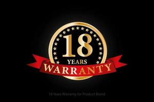 18 years golden warranty logo with ring and red ribbon isolated on black background, vector design for product warranty, guarantee, service, corporate, and your business.