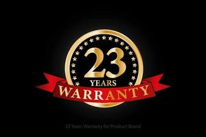 23 years warranty golden logo with ring and red ribbon isolated on black background, vector design for product warranty, guarantee, service, corporate, and your business.