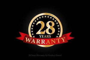 28 years warranty golden logo with ring and red ribbon isolated on black background, vector design for product warranty, guarantee, service, corporate, and your business.