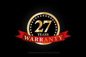 27 years warranty golden logo with ring and red ribbon isolated on black background, vector design for product warranty, guarantee, service, corporate, and your business.