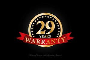 29 years warranty golden logo with ring and red ribbon isolated on black background, vector design for product warranty, guarantee, service, corporate, and your business.