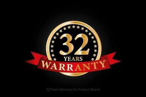 32 years golden warranty logo with ring and red ribbon isolated on black background, vector design for product warranty, guarantee, service, corporate, and your business.