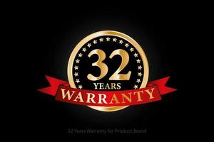 32 years golden warranty logo with ring and red ribbon isolated on black background, vector design for product warranty, guarantee, service, corporate, and your business.