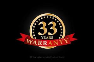 33 years golden warranty logo with ring and red ribbon isolated on black background, vector design for product warranty, guarantee, service, corporate, and your business.