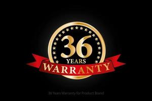 36 years golden warranty logo with ring and red ribbon isolated on black background, vector design for product warranty, guarantee, service, corporate, and your business.