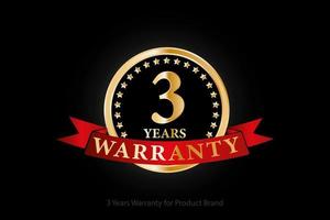 3 years golden warranty logo with ring and red ribbon isolated on black background, vector design for product warranty, service, corporate, and your business.