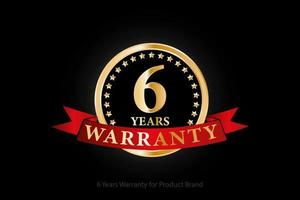 6 years golden warranty logo with ring and red ribbon isolated on black background, vector design for product warranty, service, corporate, and your business.