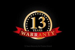 13 years golden warranty logo with ring and red ribbon isolated on black background, vector design for product warranty, guarantee, service, corporate, and your business.