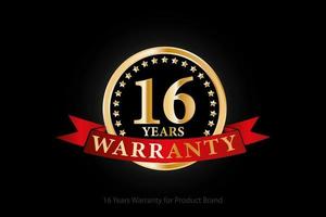 16 years golden warranty logo with ring and red ribbon isolated on black background, vector design for product warranty, guarantee, service, corporate, and your business.